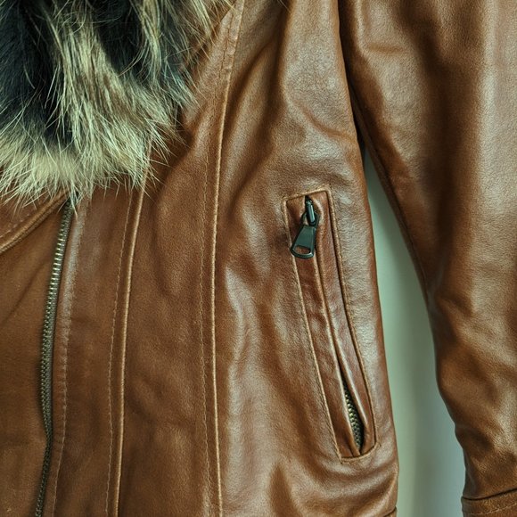 Real Fox Fur Trim Quilted Leather Biker Jacket - Picture 6 of 11